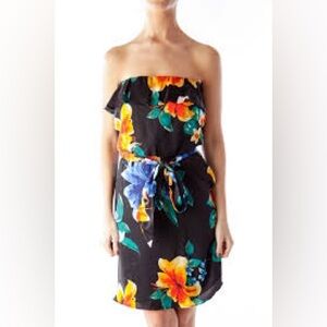 WHBM Black‎ Strapless Ruffle Tropical Floral Ruffle Mini Dress Size XS Cruise
